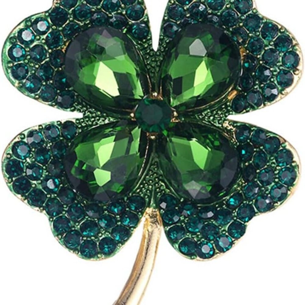 Rhinestone Green Clover Leaf Brooch Pin for Women Girls Unisex Gold Plated Vinta